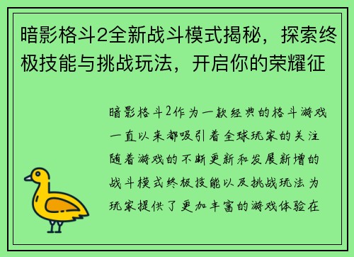 暗影格斗2全新战斗模式揭秘，探索终极技能与挑战玩法，开启你的荣耀征程